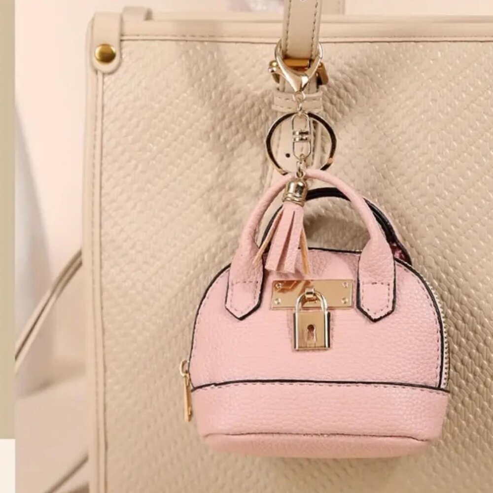 Pink Mini Dome shaped Bag Charm Keychain w zipper that opens